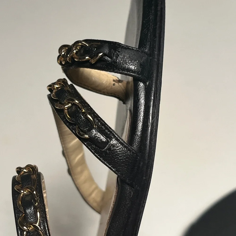 CHANEL Black and Gold Chain Sandals